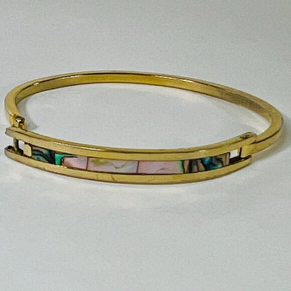 Vtg Unisex Gold Tone over Alpaca Hinged Bangle Bracelet Abalone MOP Inlay - Picture 1 of 6